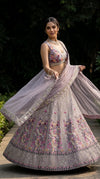 Luxury Taupe Floral Embroidered Lehenga Set with Deep V-Neck Blouse & Net Dupatta | Bridal & Wedding Wear