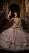 Luxury Taupe Floral Embroidered Lehenga Set with Deep V-Neck Blouse & Net Dupatta | Bridal & Wedding Wear