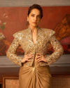 Golden Drape Fusion Skirt Set with Embellished Statement Jacket